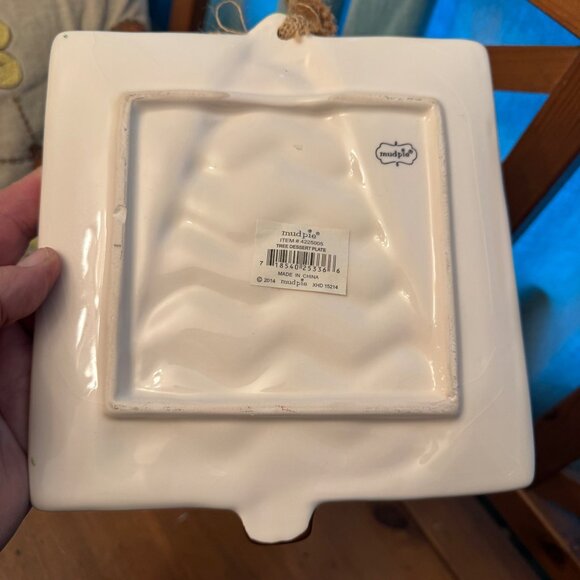 Mud pie Square Christmas tree Dessert plate Burlap Bow New Stripes Holiday RARE - Picture 5 of 10